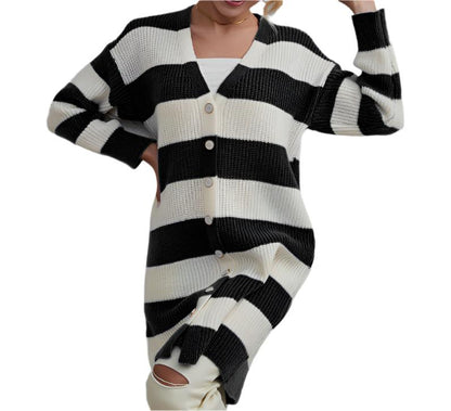 Mid Length Striped Knitted Sweater Cardigan