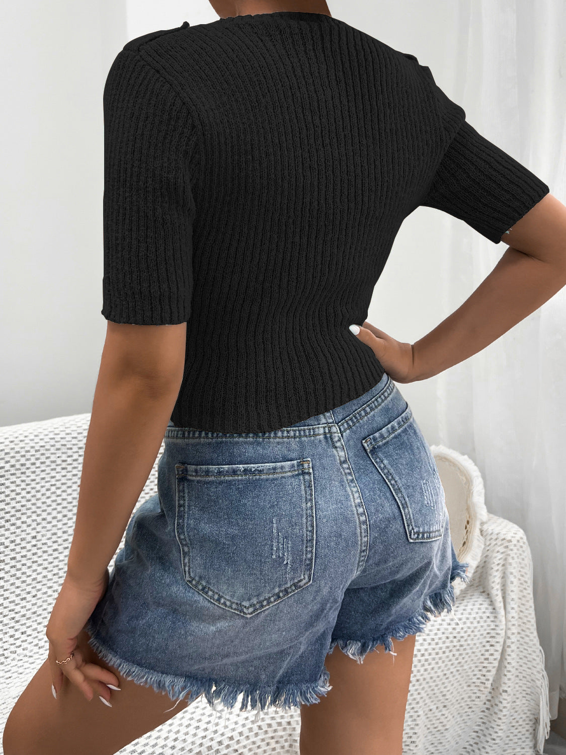 Knitted Button Short Sleeve Top