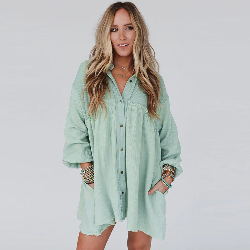 Patchwork Pleated Long Sleeve Shirt Dress