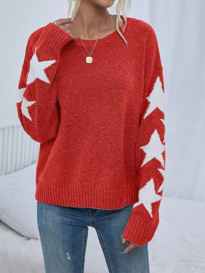 Long Sleeved Knitted Jacquard Round Neck Pullover Sweater