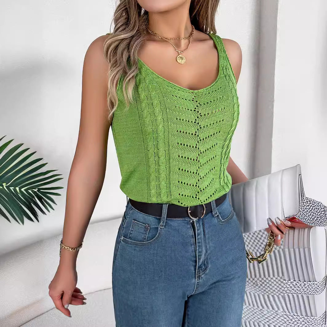 Casual Knitwear V-Neck Hollow Cutout Top