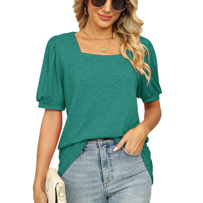 Square Collar Pleated Short Puff Sleeve Top