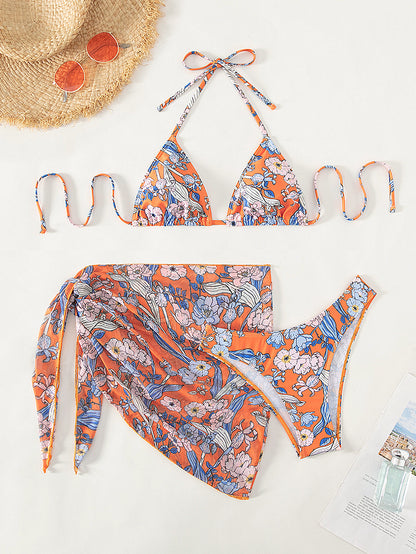 Printed Sexy Backless Three Piece Bikini