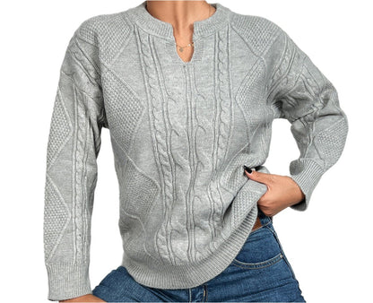 Elegant V-neck Twist Thread Geometric Abstract Pattern Knitted Sweater