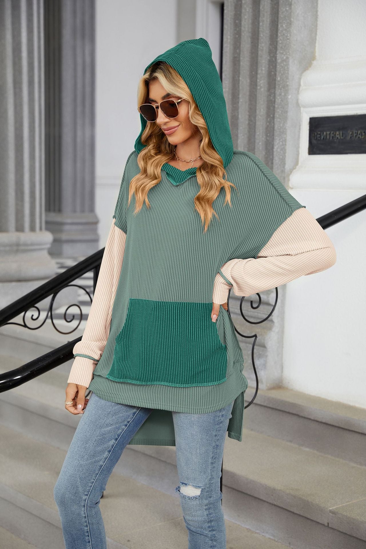 Contrast Color Pocket Long Sleeve Loose Hooded Sweater