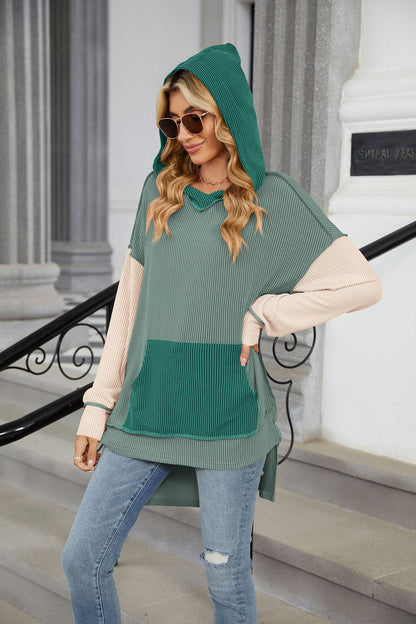 Contrast Color Pocket Long Sleeve Loose Hooded Sweater