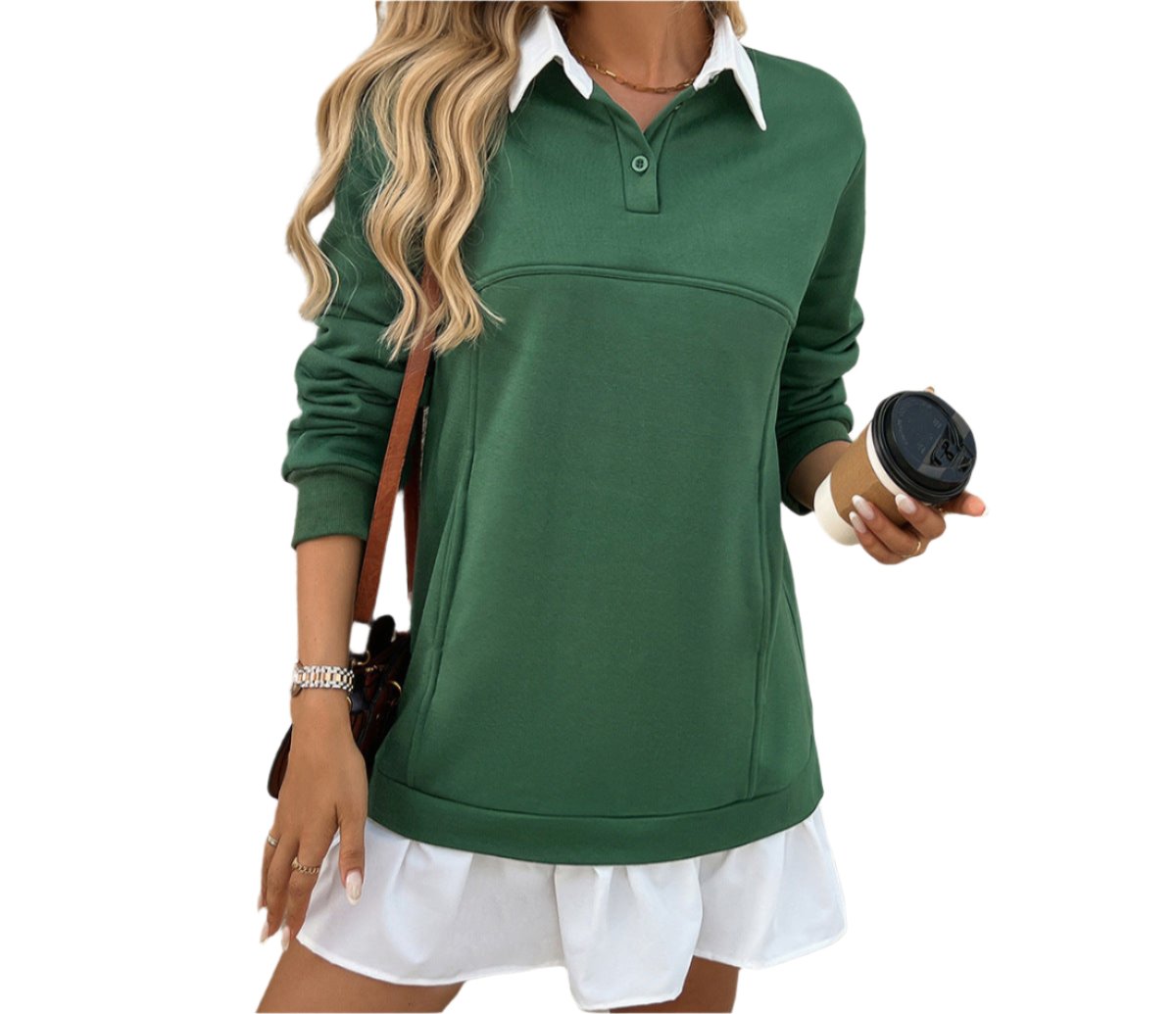 Casual Loose Pockets Stich Polo Collar Sweater Dress