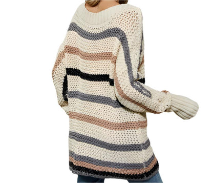 Off Shoulder Knitted Casual Loose Batwing Sleeve Striped Sweater