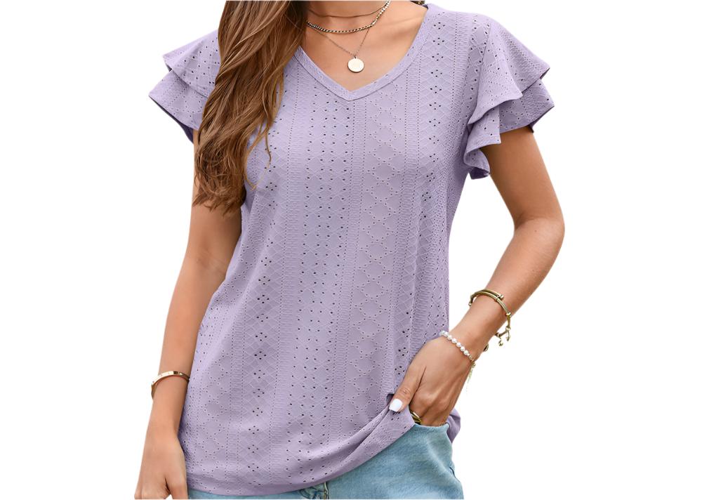 Mesh Hollow Cutout Ruffle Sleeve Casual Top