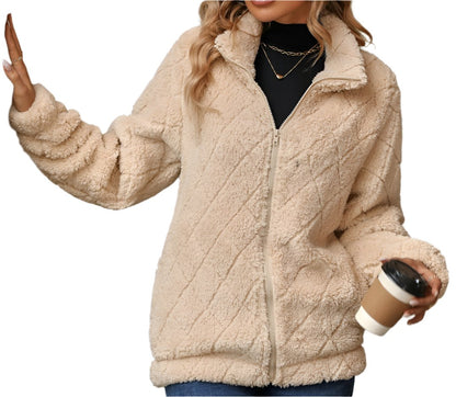 Autumn Winter Zipper Diamond Plush Coat