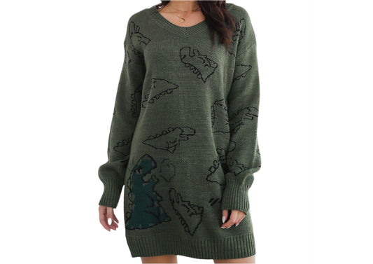 Cute Dinosaur Cartoon Jacquard V-neck Long Sleeve Sweater Dress