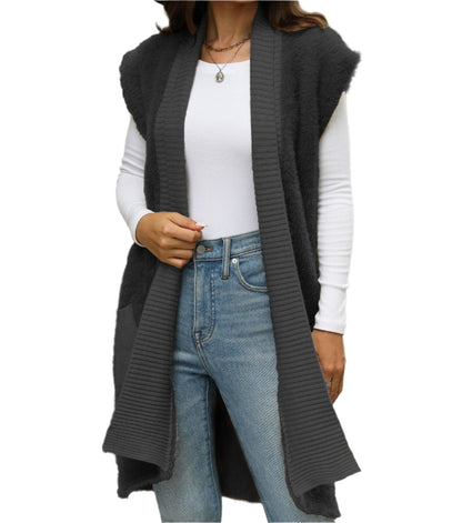 Mid-Length Mink Like Sleeveless Knitted Cardigan Sweater