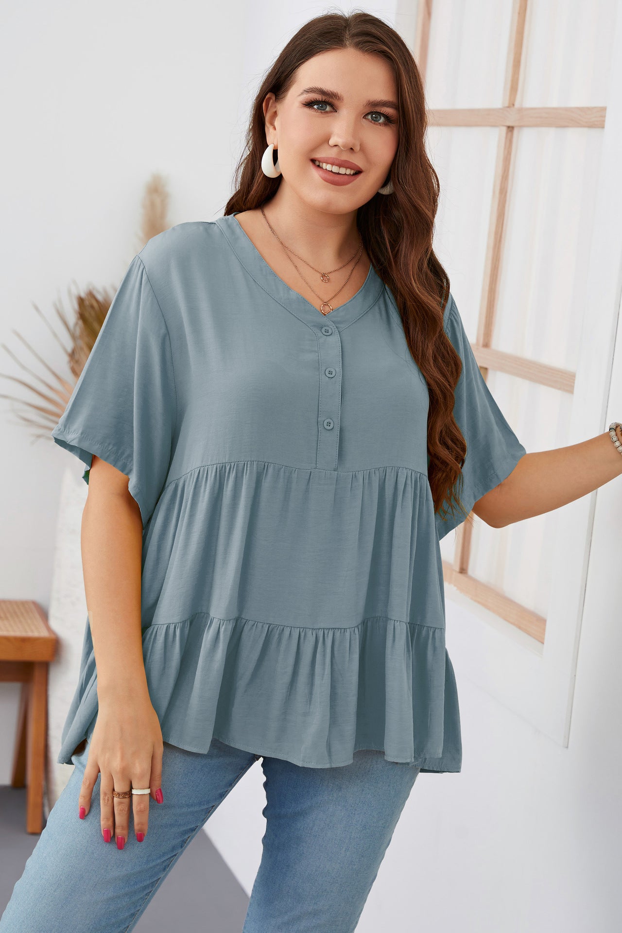 Plus Size Short Sleeve Fluffy Shirt Loose Top