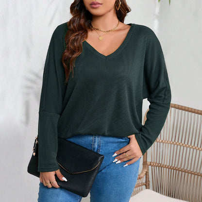 Plus Size Loose Casual V-neck Waffle Long Sleeve Top