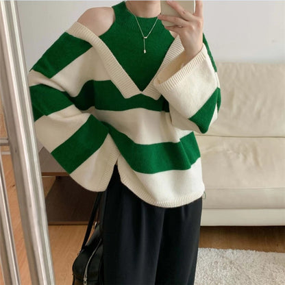 Chic Retro Halter Off Shoulder Striped Long Sleeve Knitted Sweater