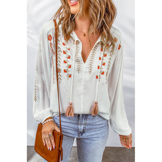 Floral Embroidered Tassel V-Neck Tassel Chiffon Shirt