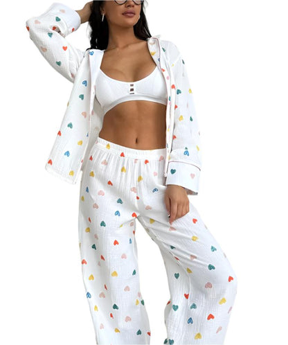 Heart Printed Long Sleeved Two Piece Pajamas Set