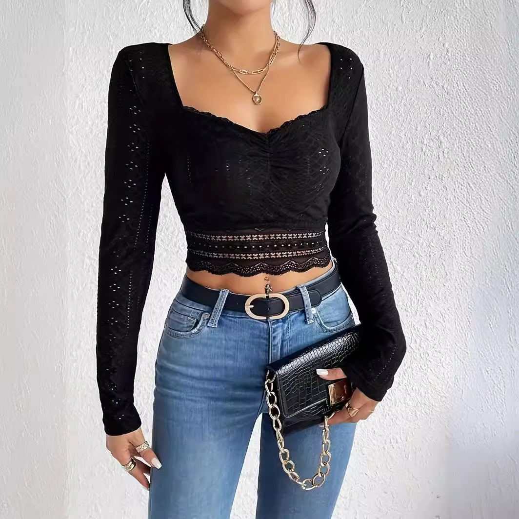 Lace Pleated Long Sleeve Top