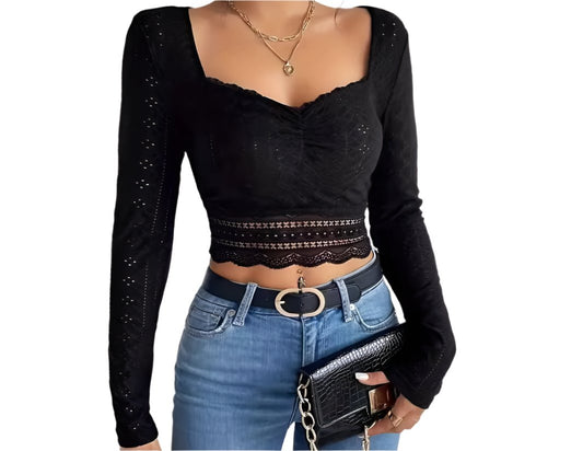 Lace Pleated Long Sleeve Top