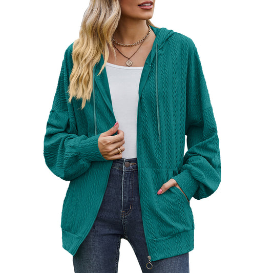 Solid Color Pocket Long-Sleeve Loose Hooded Sweatshirt