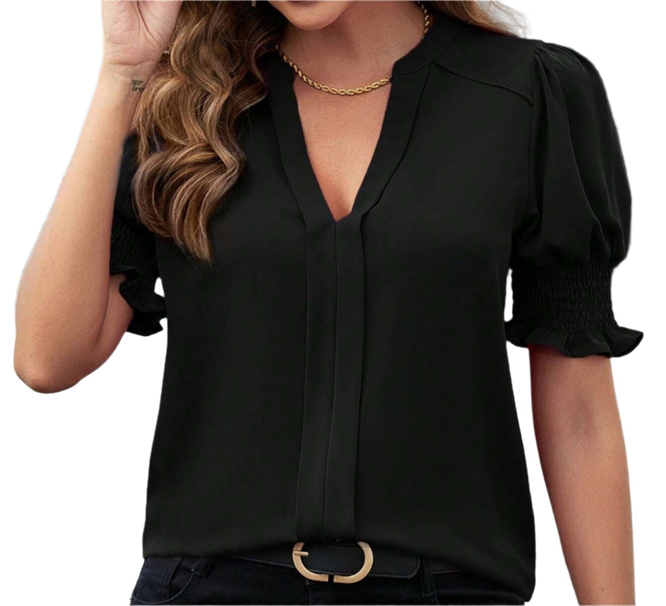 V-neck Elegant Puff Sleeve Solid Color Shirt Top