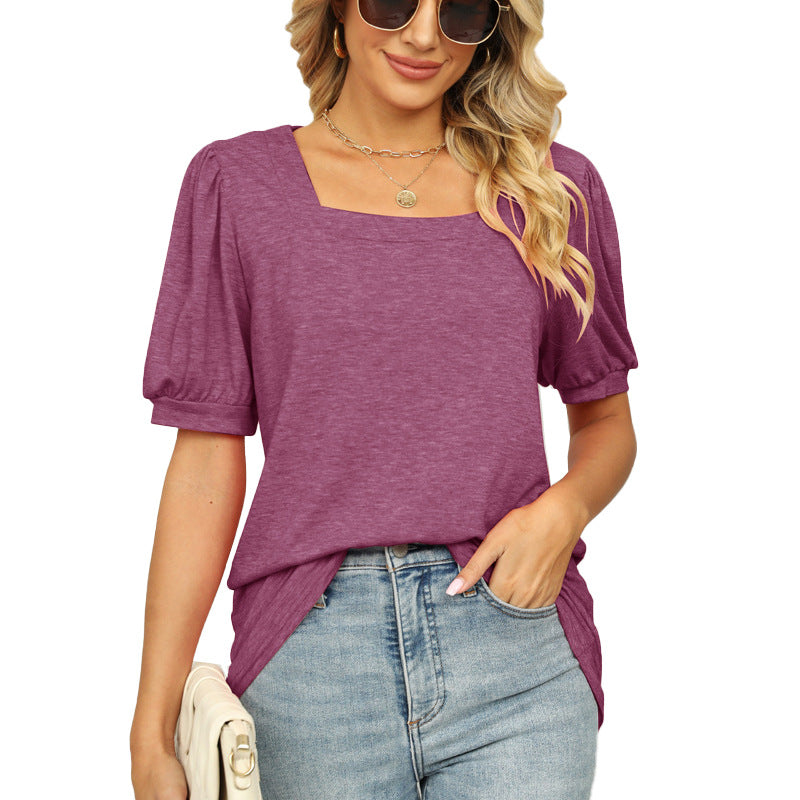 Square Collar Pleated Short Puff Sleeve Top