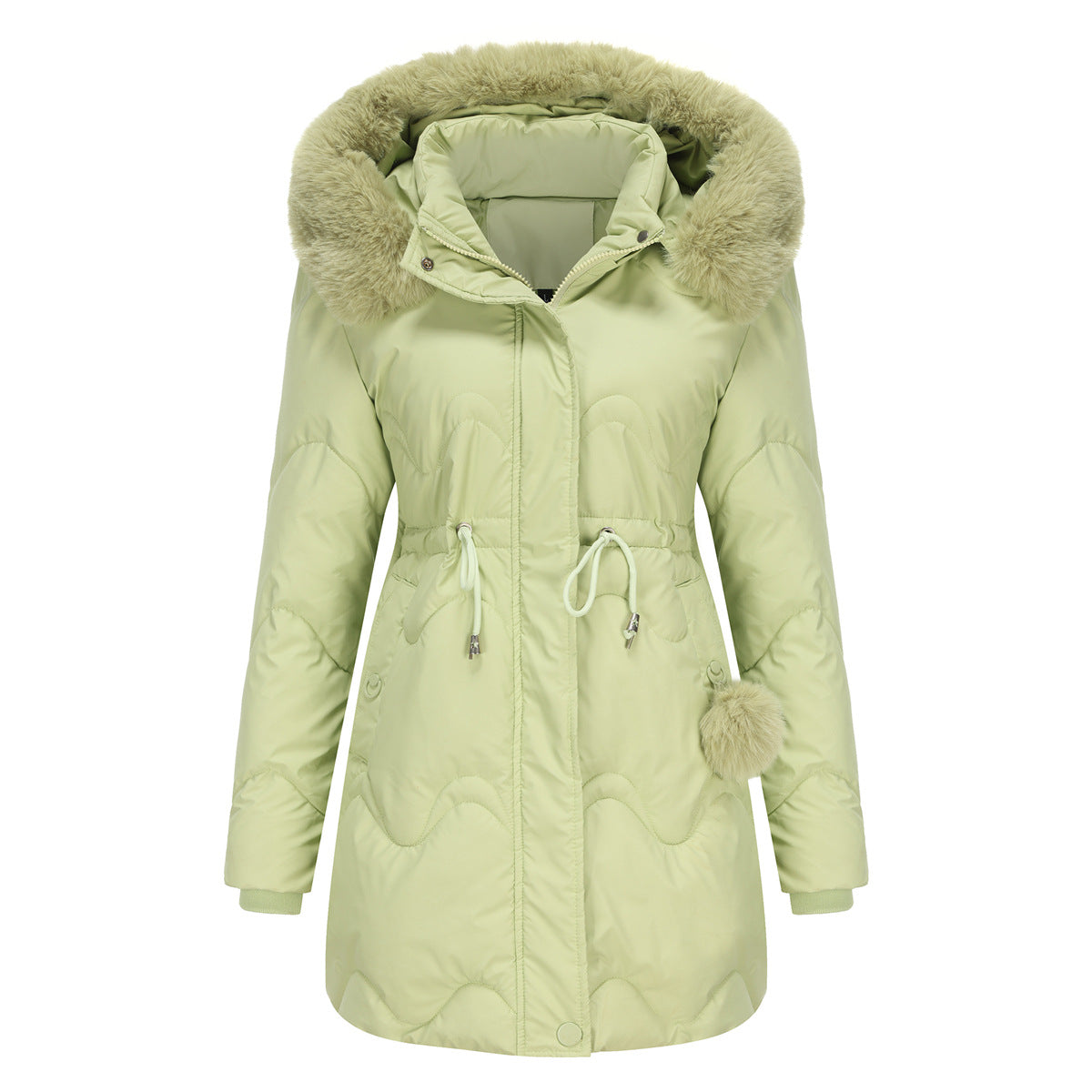 Cotton Detachable Wool Hooded Mid Length Parka Coat