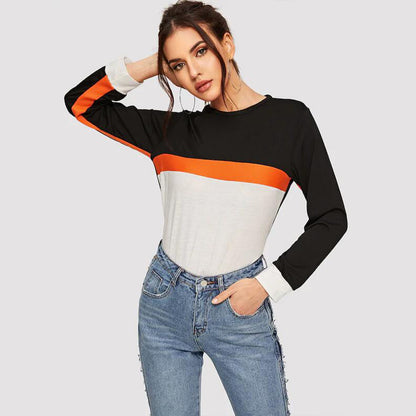 Pullover Solid Color Stitching Long Sleeve Top