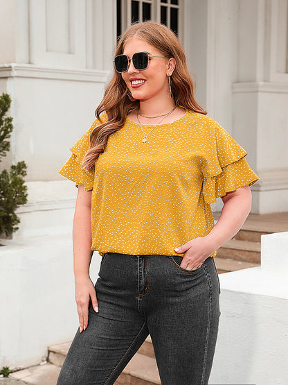 Plus Size Polka Dot Loose Fitting Casual Ruffled Short Sleeve Blouse Top