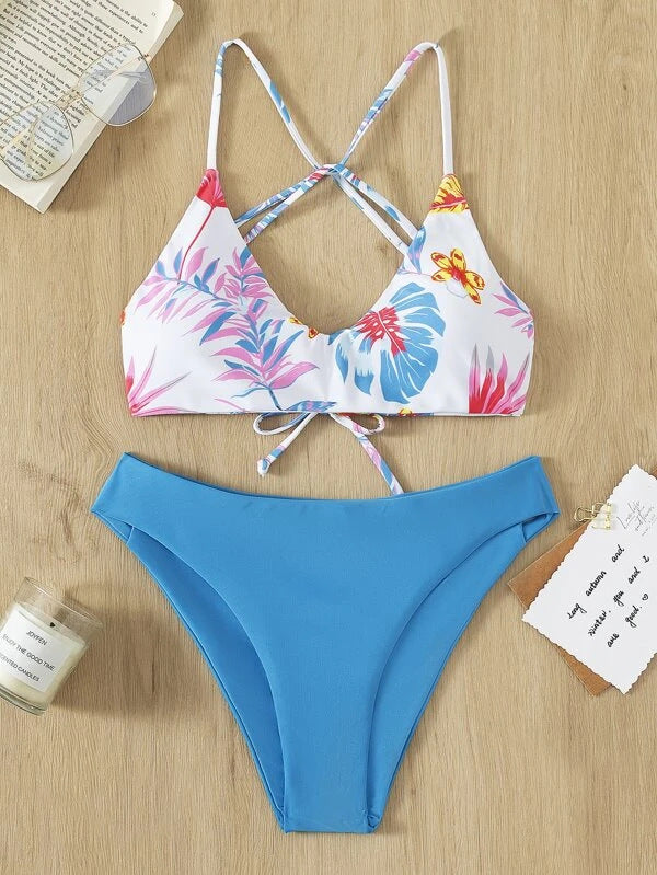 Floral Swimsuit Criss Cross Split Bikini