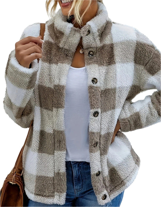 Popular Plaid Stand Collar Wool Coat