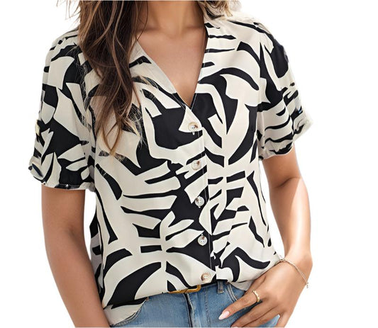 Short Sleeve V-neck Printed Blouse