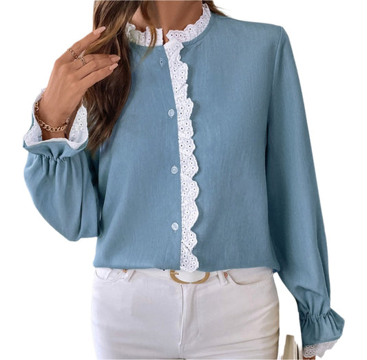 Lace Collar Blue Shirt