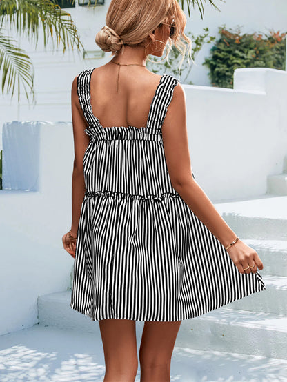 Classic Striped Ruffled Splicing Sling Dress