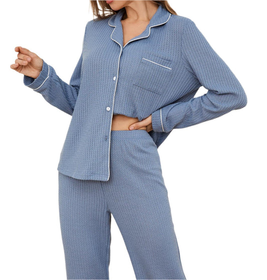 Waffle Long Sleeved Shirt Trousers Loungewear Set