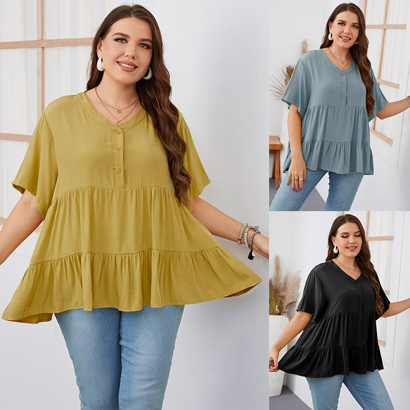 Plus Size Short Sleeve Fluffy Shirt Loose Top