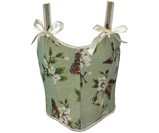 French Bow Tie Shoulder Floral Sexy Corset Top