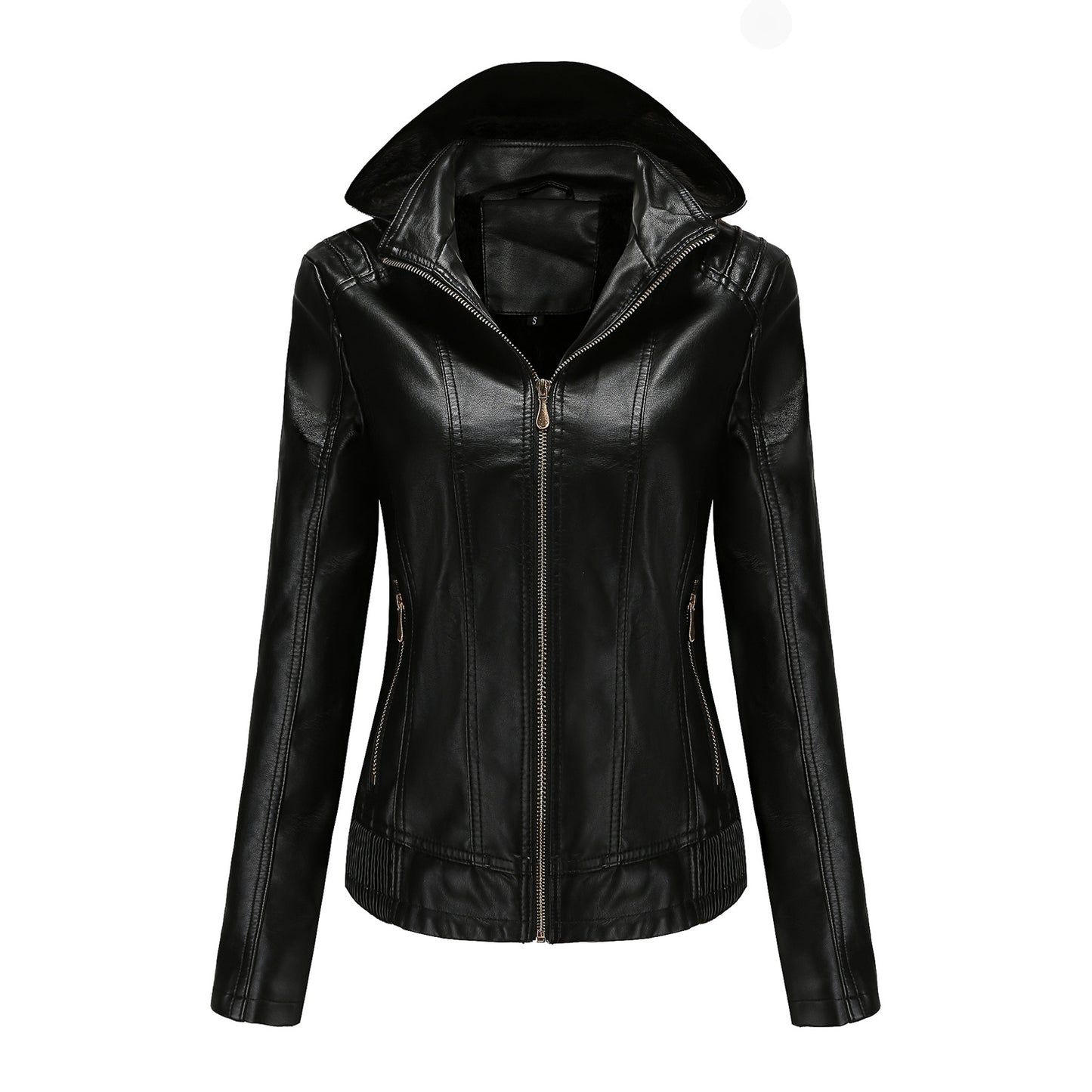 Hooded Leather Detachable Hat Long Sleeve Zipper Fleece-Lined Leather Jacket