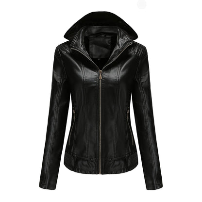 Hooded Leather Detachable Hat Long Sleeve Zipper Fleece-Lined Leather Jacket