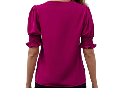 V-neck Elegant Puff Sleeve Solid Color Shirt Top