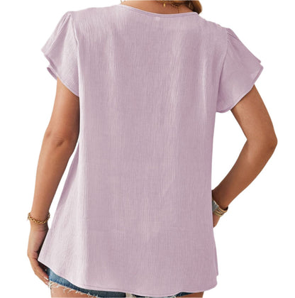 V-neck Fabric Petal Sleeve Loose Top