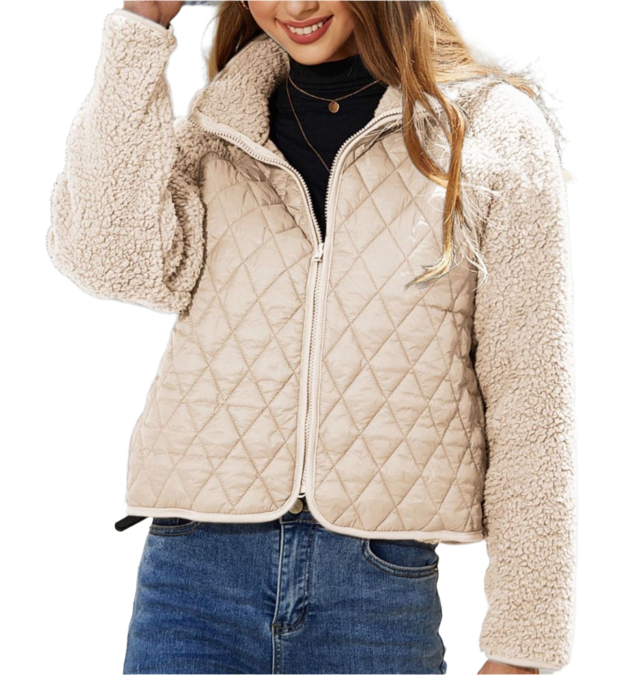 Autumn Winter Zipper Long Sleeve Plush Stitching Coat