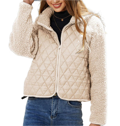 Autumn Winter Zipper Long Sleeve Plush Stitching Coat