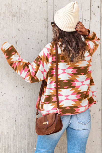 Geometric Abstract Fleece Printed Long Sleeve Jacket