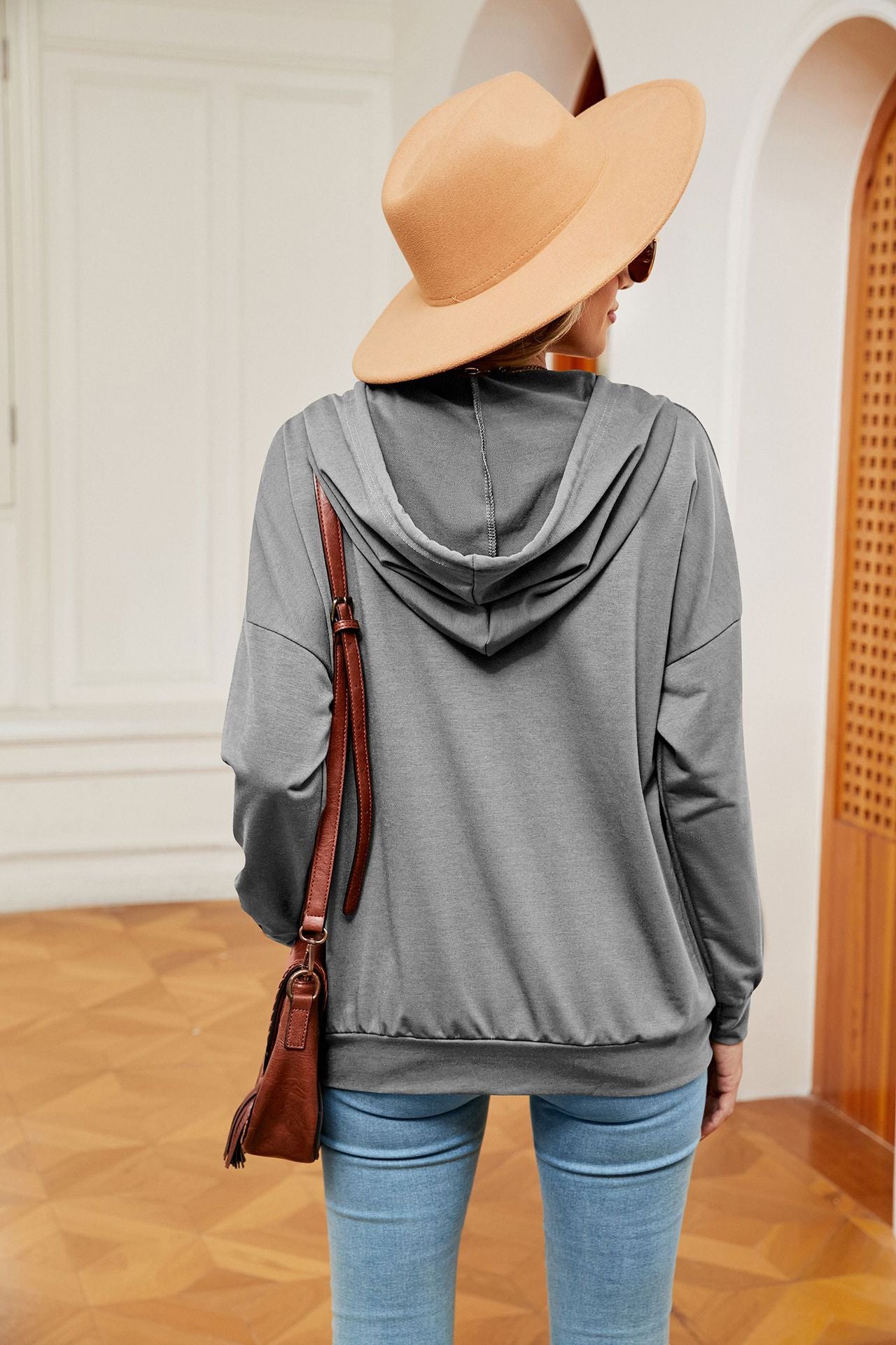 Solid Color Buttons Drawstring Pocket Loose Long-Sleeve Sweatershirt