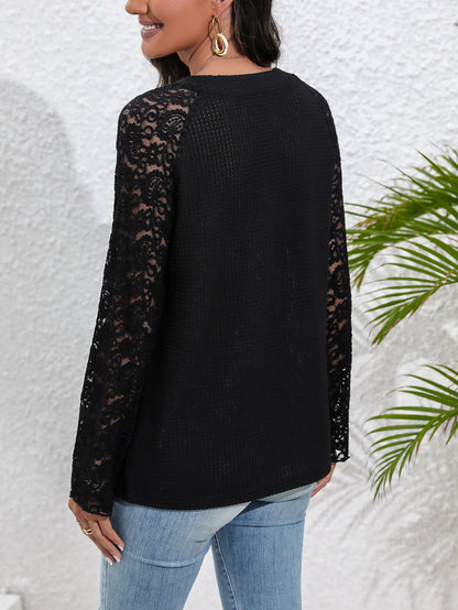 Elegant Sexy Cutout Lace Stitching See through Long-Sleeve Top