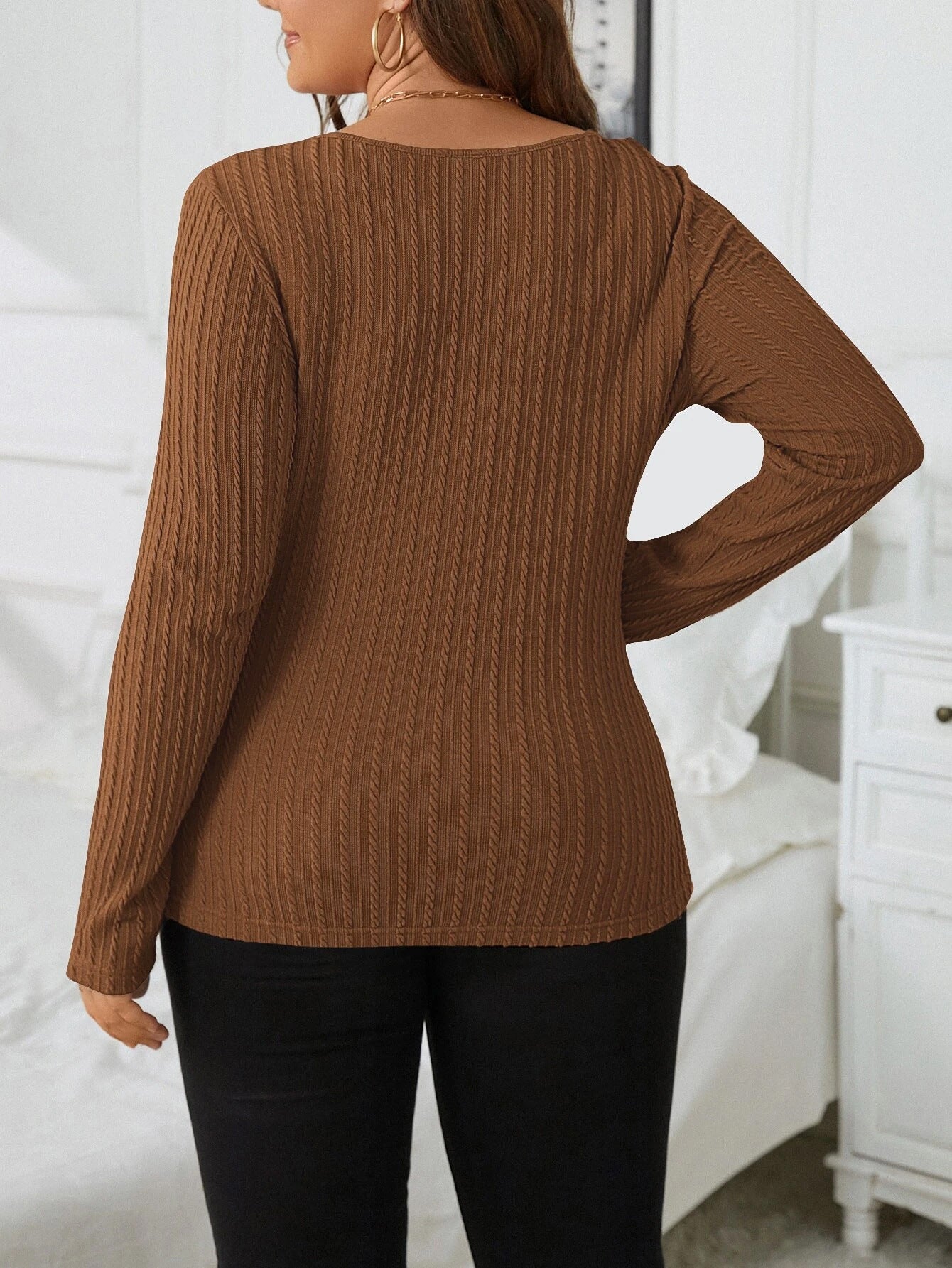 Plus Size Slim Fit Waffle Knitted Long-Sleeved Top