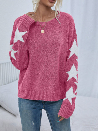 Long Sleeved Knitted Jacquard Round Neck Pullover Sweater