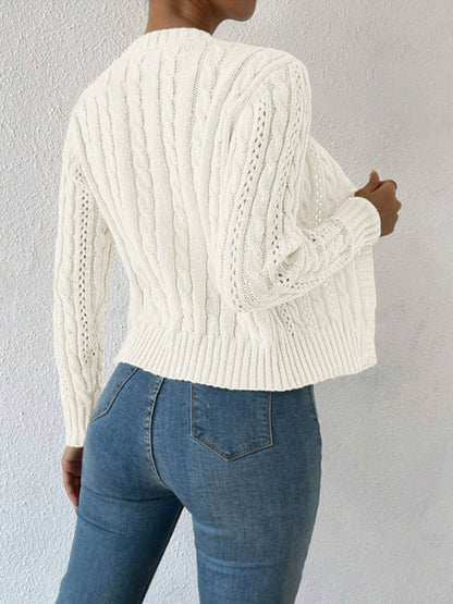 Round Neck Idle Twist Long Sleeve Sweater Cardigan