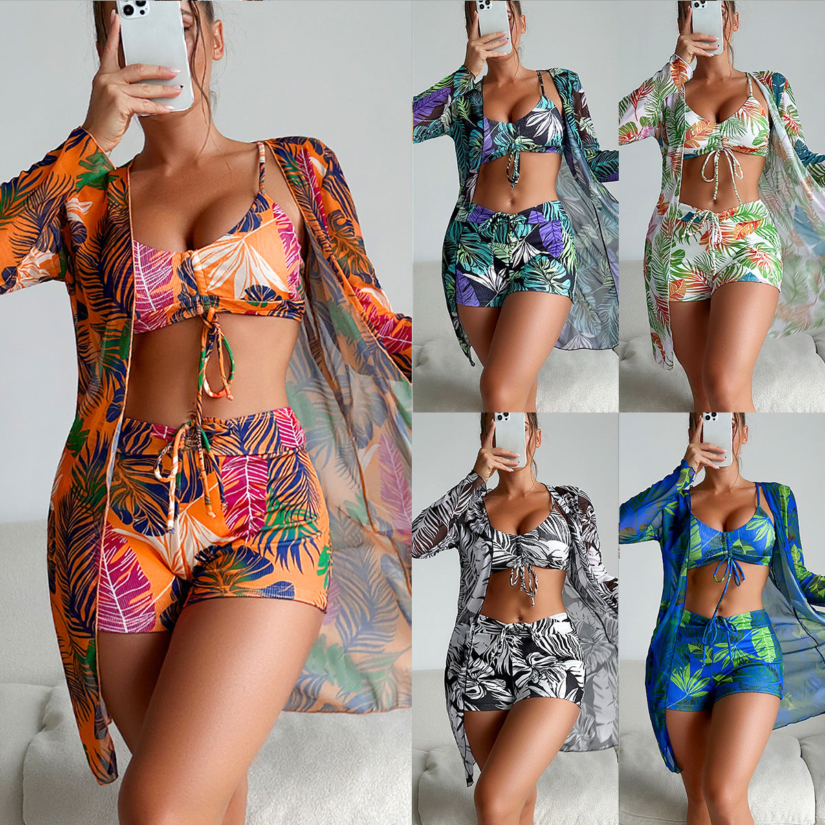 Split Three Piece Shorts Bikini Printed Coverup